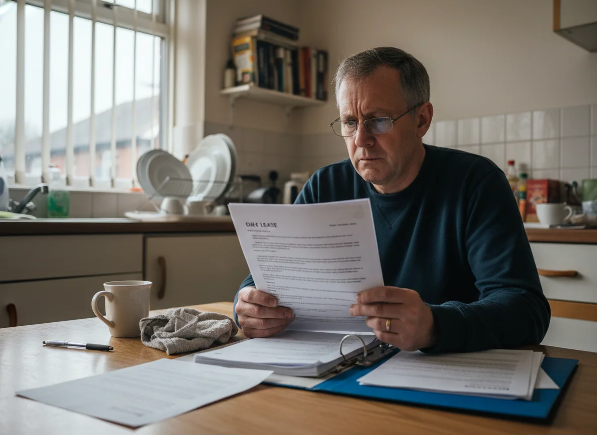A concerned leaseholder sitting at a kitchen table reading through a legal lease document, with papers and a ring-binder spread out on an overcast day