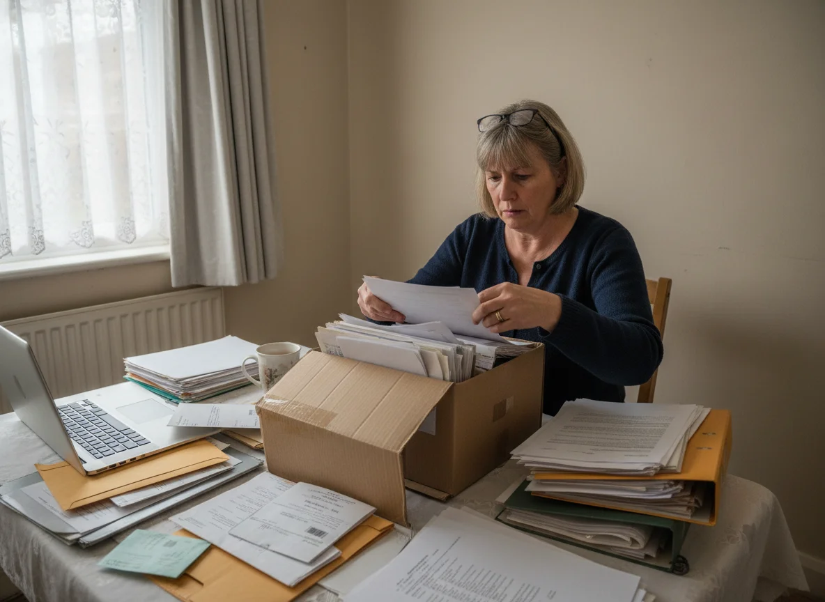 A homeowner sitting at a dining table, searching through a box and piles of property paperwork for a mislaid lease document on an overcast day