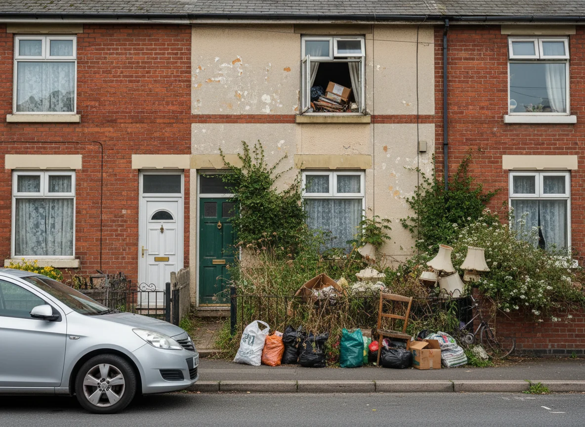An ordinary brick terraced house, the home of a hoarder, with bags and old furniture piled up in the front garden