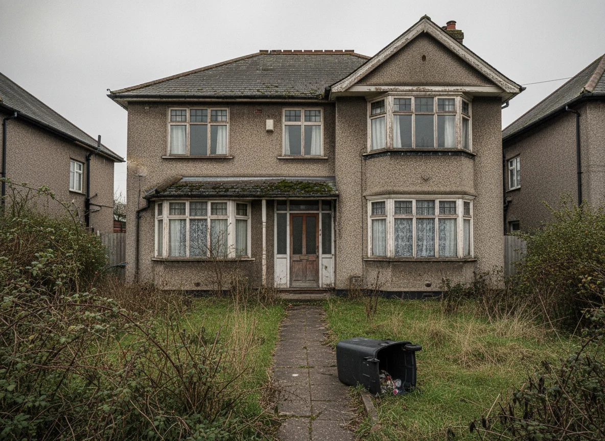A neglected, poor condition British semi-detached house with peeling paint and an overgrown garden, the type of property that sells well at auction