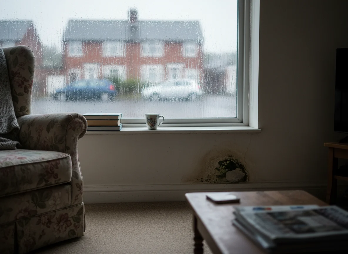 Condensation and damp running down the inside of a window in an ordinary British home on a rainy day