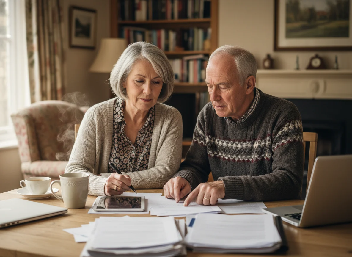 A mature British couple at their kitchen table reviewing property and equity release paperwork together
