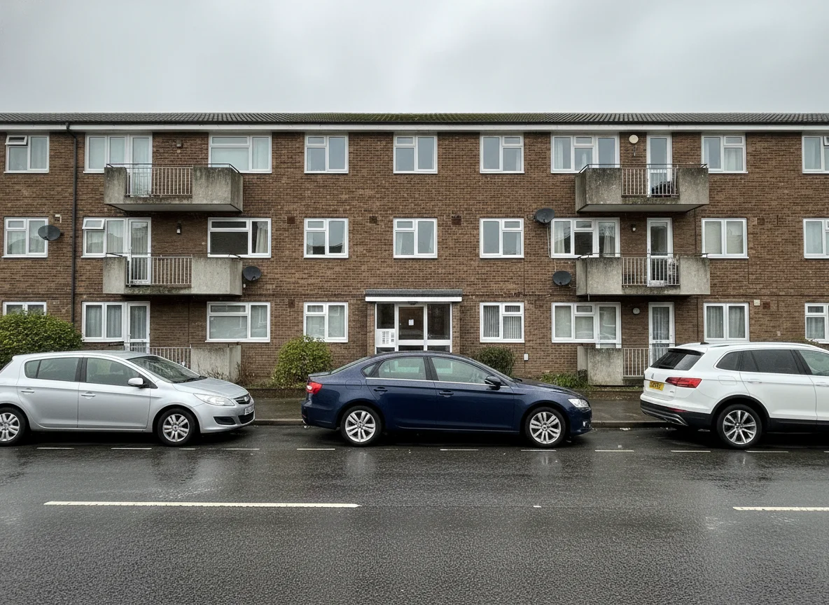 A 1960s-70s brick block of leasehold flats with a communal entrance and parked cars, on an overcast day