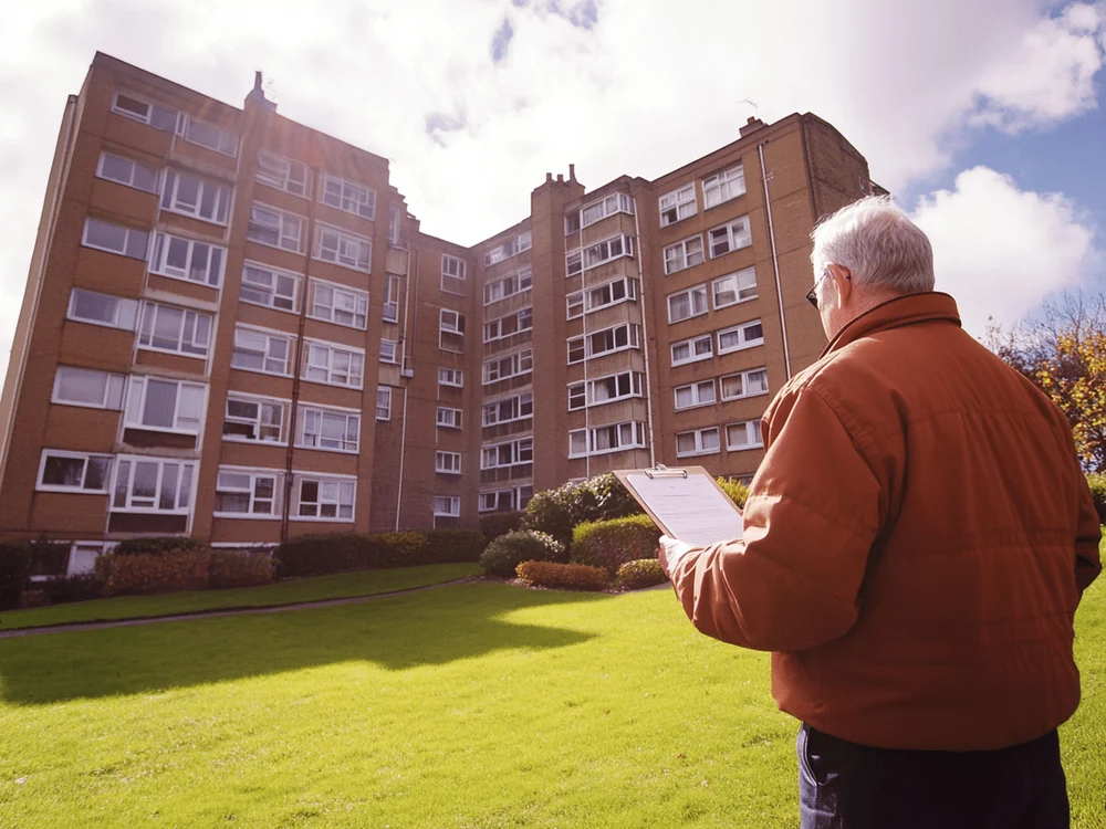 A surveyor inspecting a leasehold flat with structural problems during a building survey