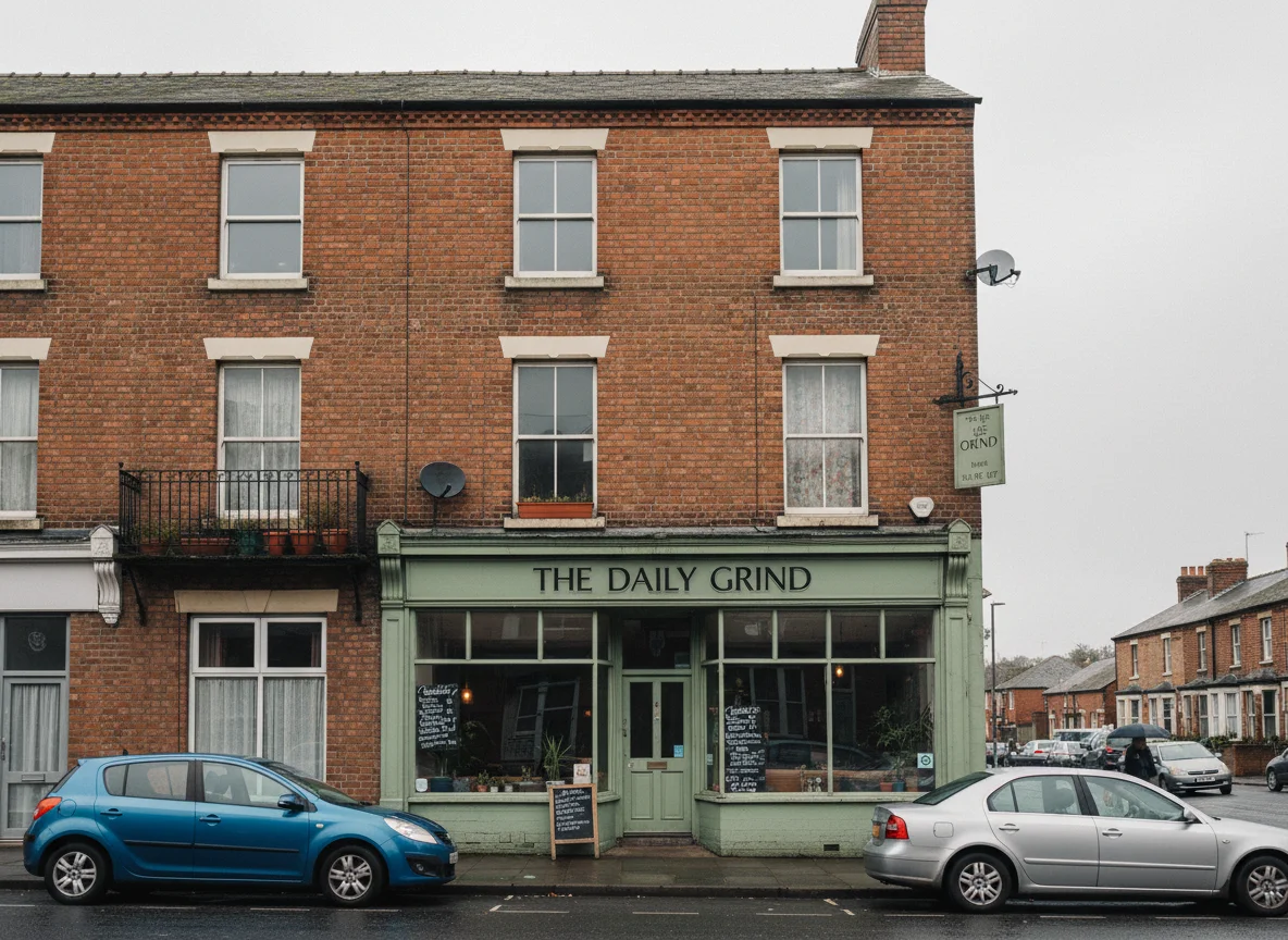 A three-storey British high-street building with a cafe on the ground floor and residential flats above, an example of a mixed-use property, on an overcast day