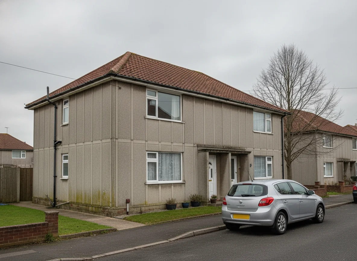 A pale grey post-war PRC precast reinforced concrete former council house with visible concrete panel joints, on an overcast day
