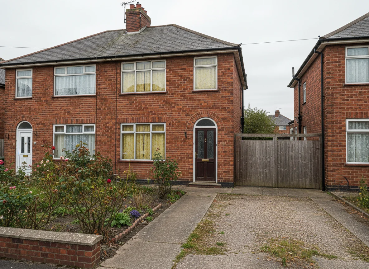 An ordinary, dated and unoccupied British semi-detached house being sold as an inherited probate property