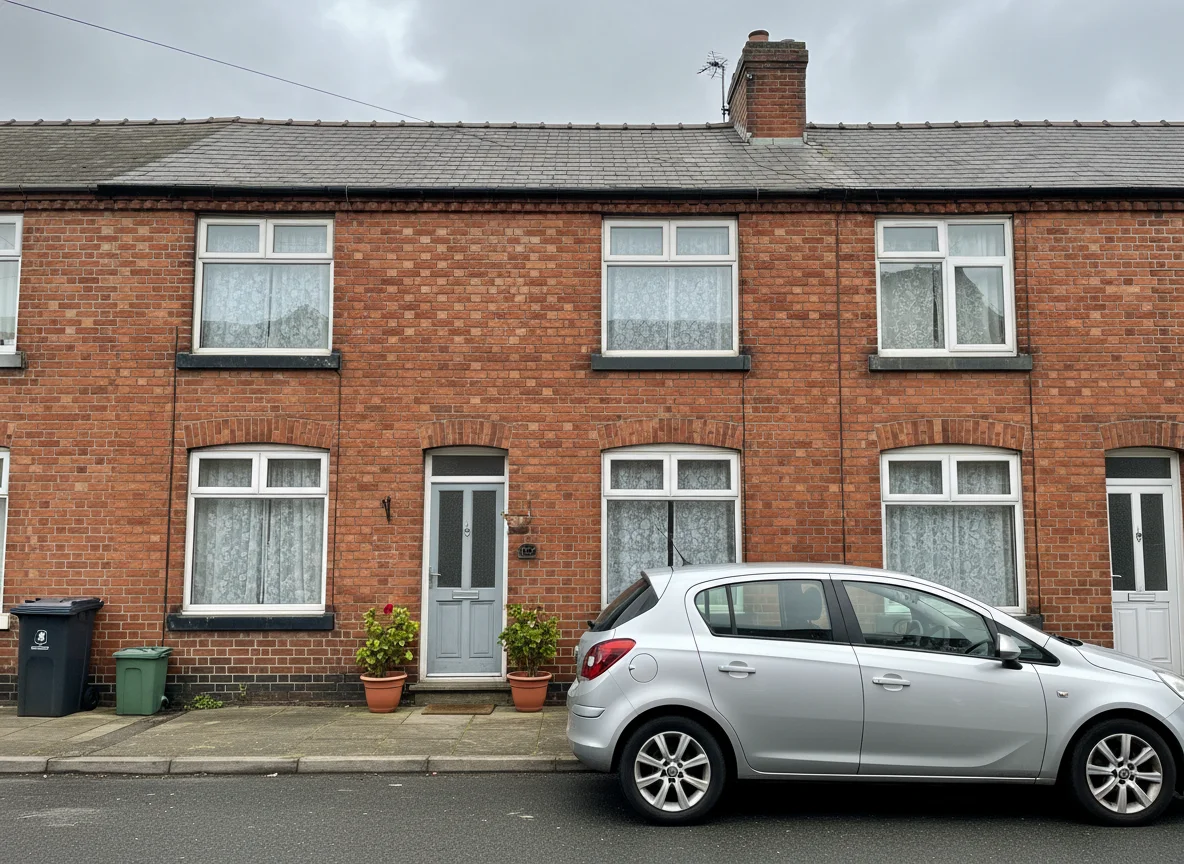 A modest British mid-terrace brick house occupied by a long-term tenant, with net curtains and potted plants on the doorstep, on an overcast day