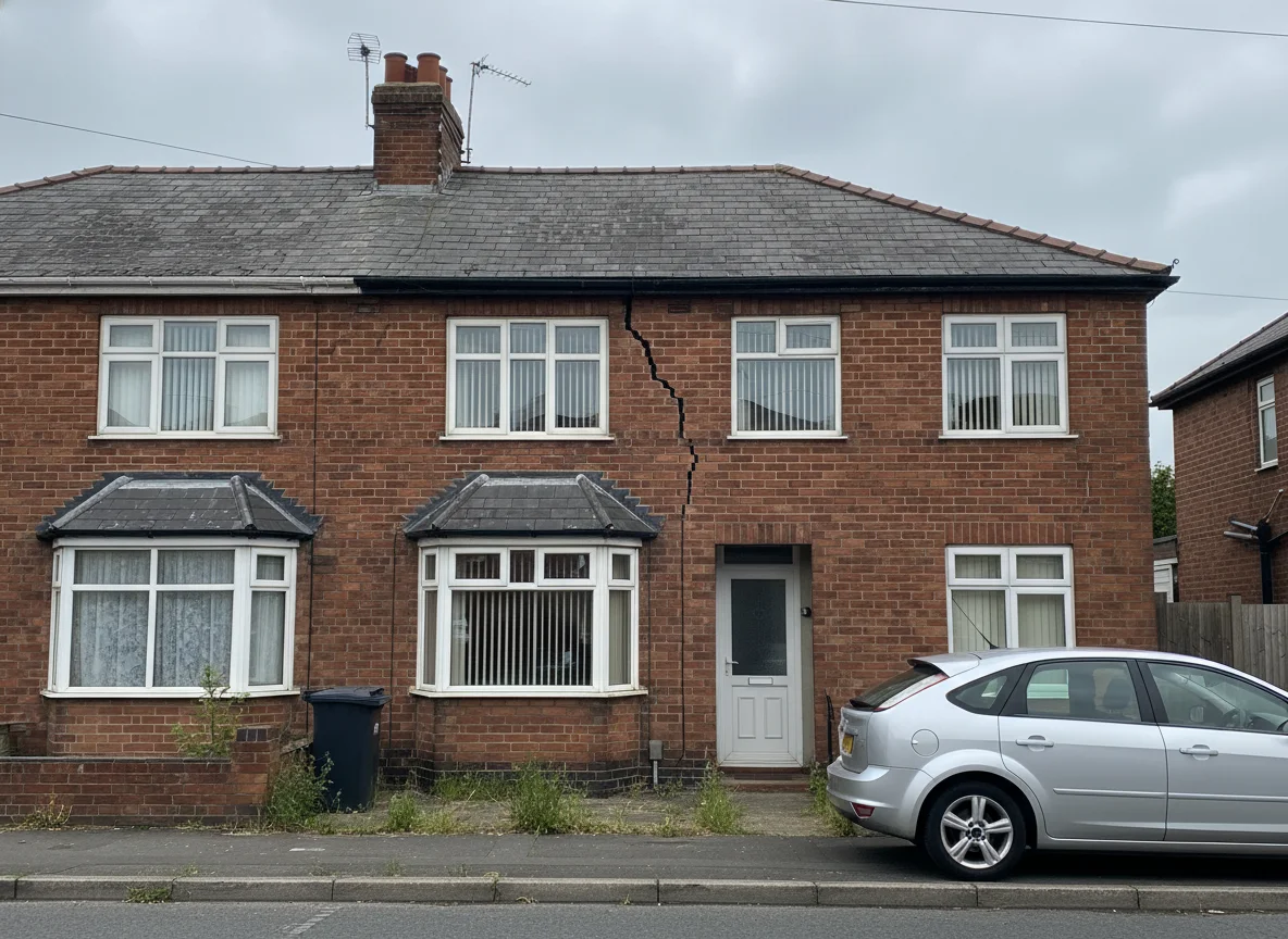 An ordinary British semi-detached brick house with a long diagonal crack in the brickwork near a bay window, a sign of subsidence, on an overcast day