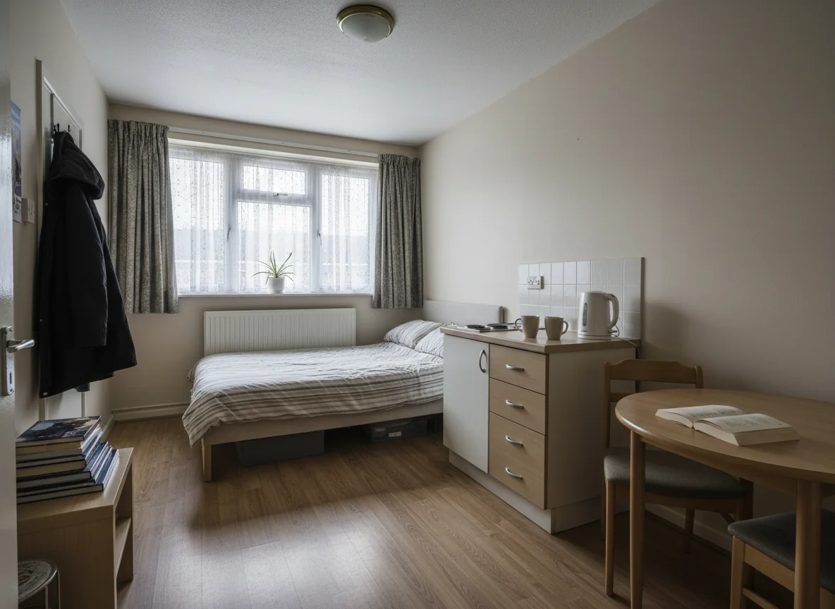 The inside of a small studio flat with a double bed, compact kitchenette and a small dining table all sharing one room