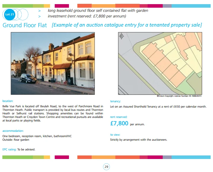 Example of an auction catalogue entry for a tenanted property sale, showing a ground floor flat lot with location, tenancy and rent reserved details