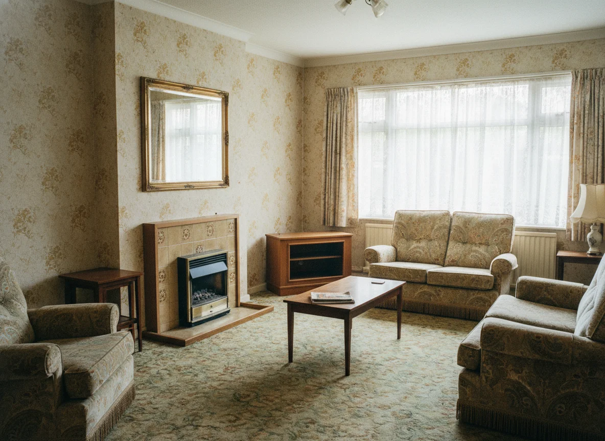 The dated but tidy, unmodernised living room of an older British house being sold at auction