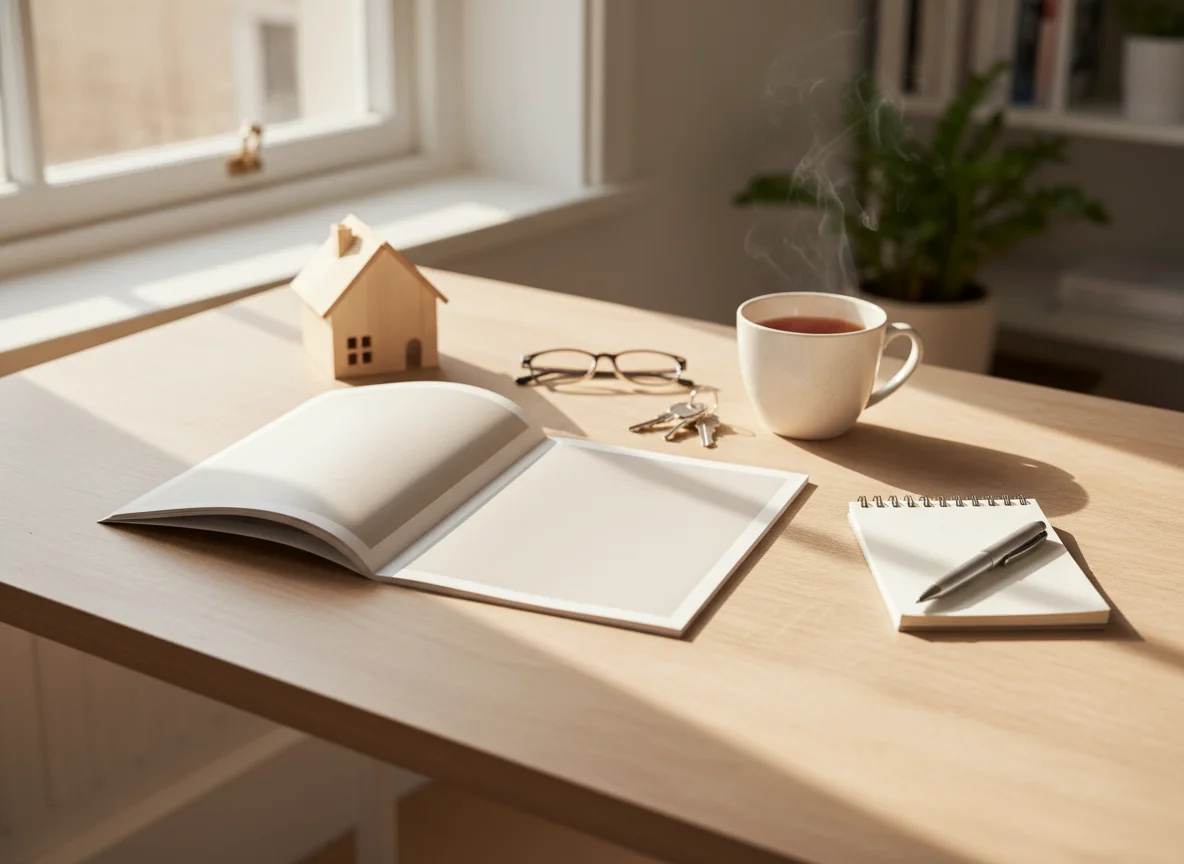 A desk with property auction paperwork, a notepad and pen, house keys and a small model house - preparing to sell at auction