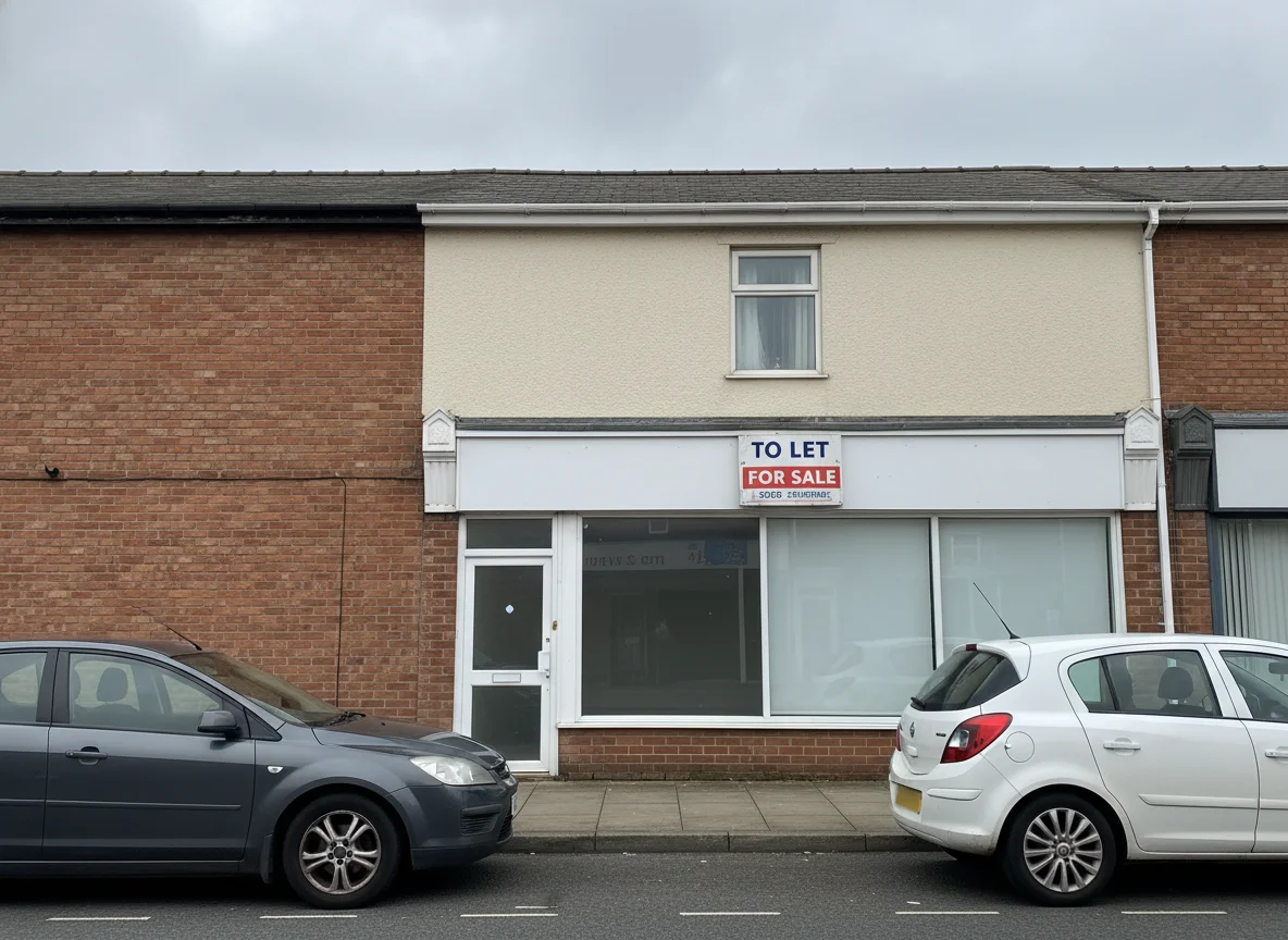A vacant UK high street commercial property with a To Let and For Sale board above the shopfront, on an overcast day
