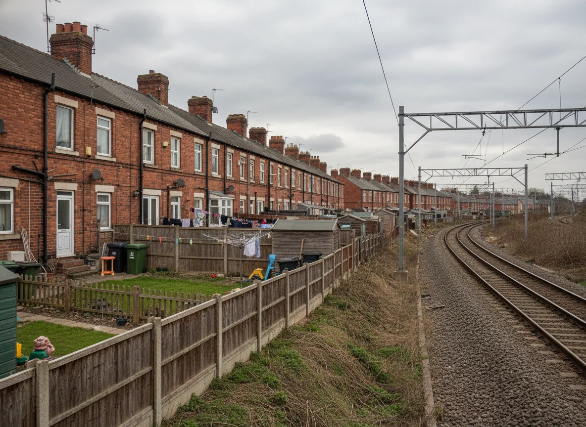 A row of UK terraced houses with rear gardens backing onto a railway line with overhead electric lines, on an overcast day
