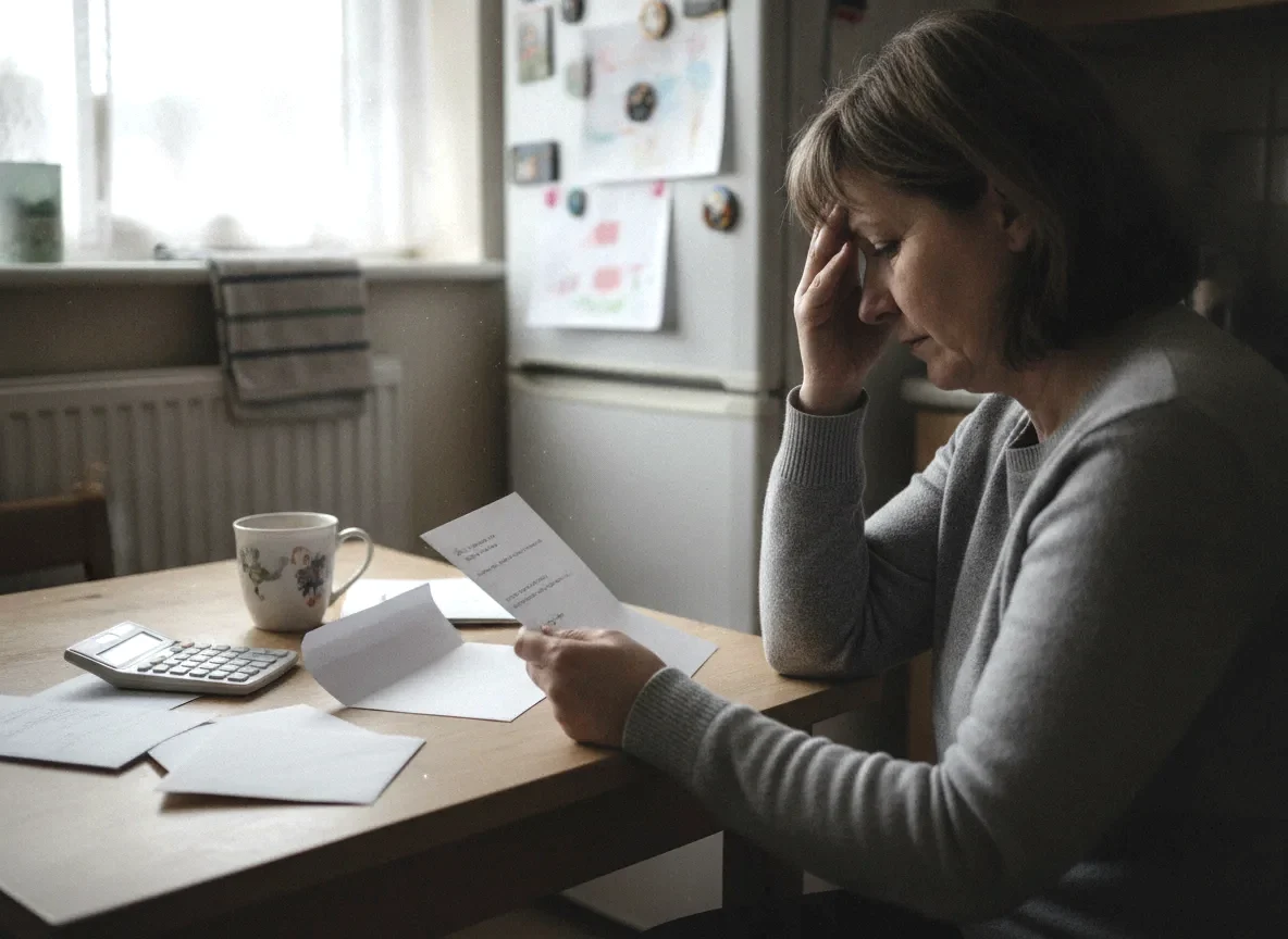 A woman at her kitchen table reading a letter from her mortgage lender, with bills and a calculator in front of her