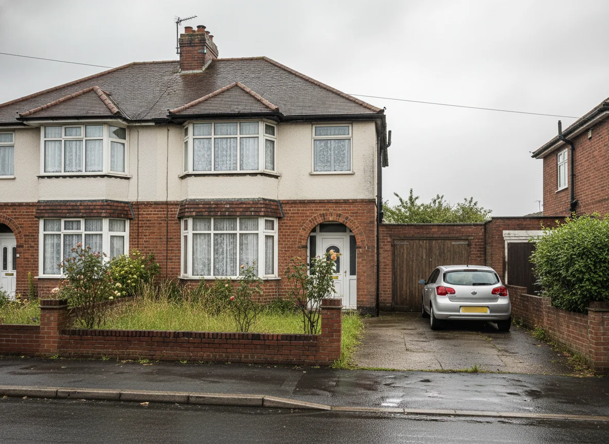 A 1930s bay-fronted semi-detached house with an overgrown front garden and an empty driveway, under an overcast sky