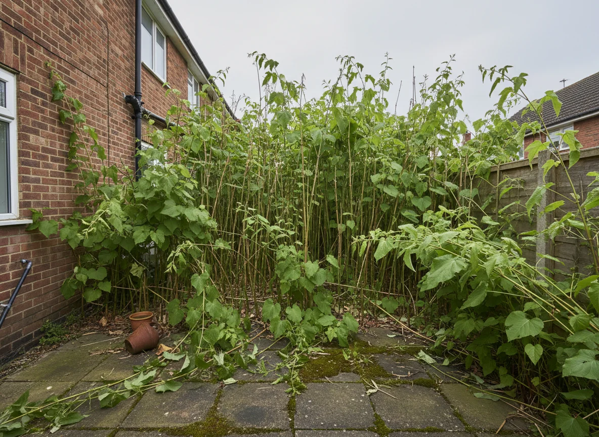 The back garden of an ordinary British house overtaken by a dense stand of Japanese Knotweed growing against the rear wall