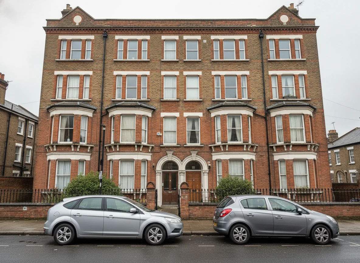 A red-brick Victorian mansion block of leasehold flats on an ordinary London street, with modern cars parked outside on an overcast day