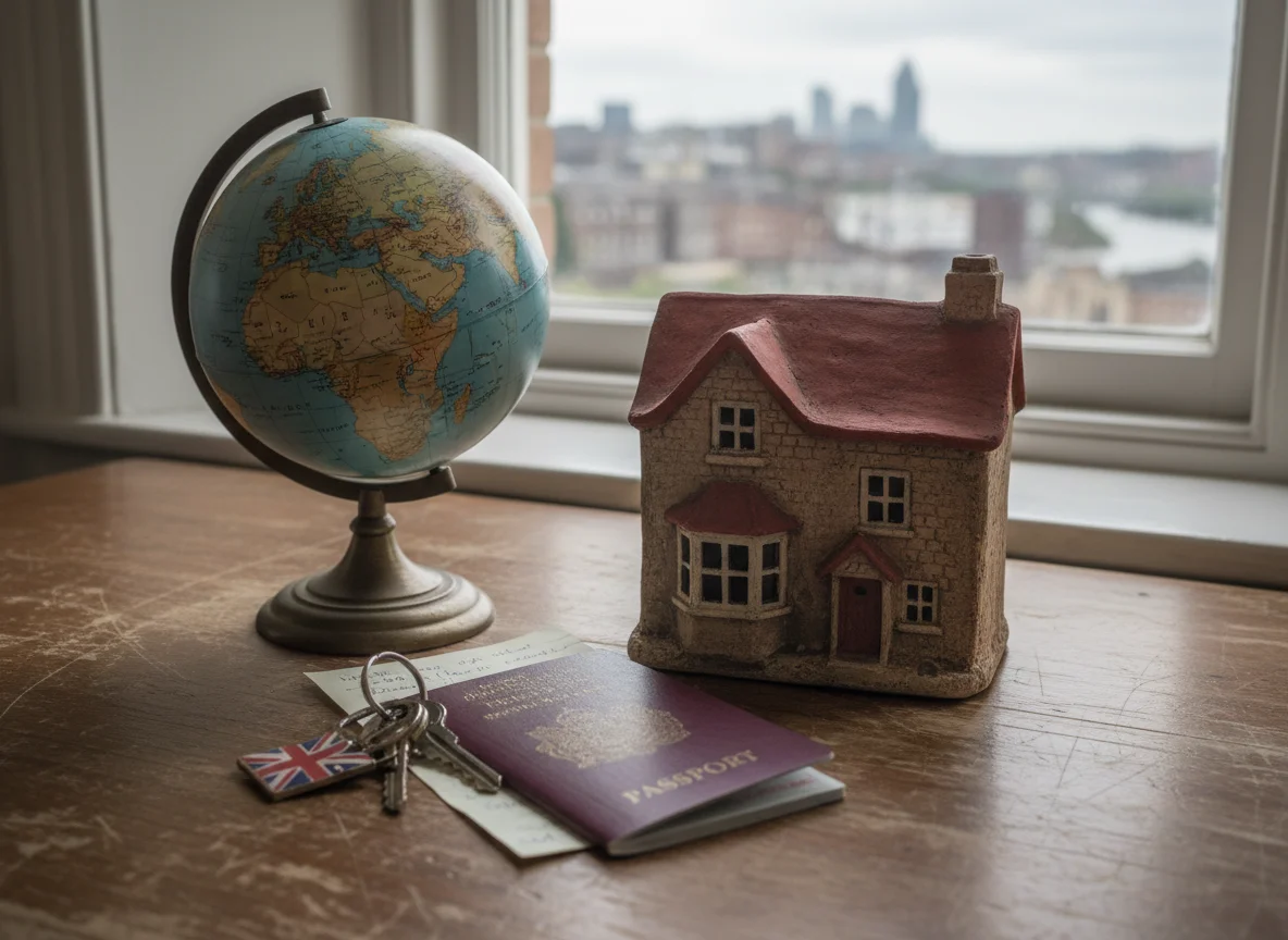 A desk with a globe, a model British house, house keys with a Union Jack fob and a passport, with a UK skyline through the window