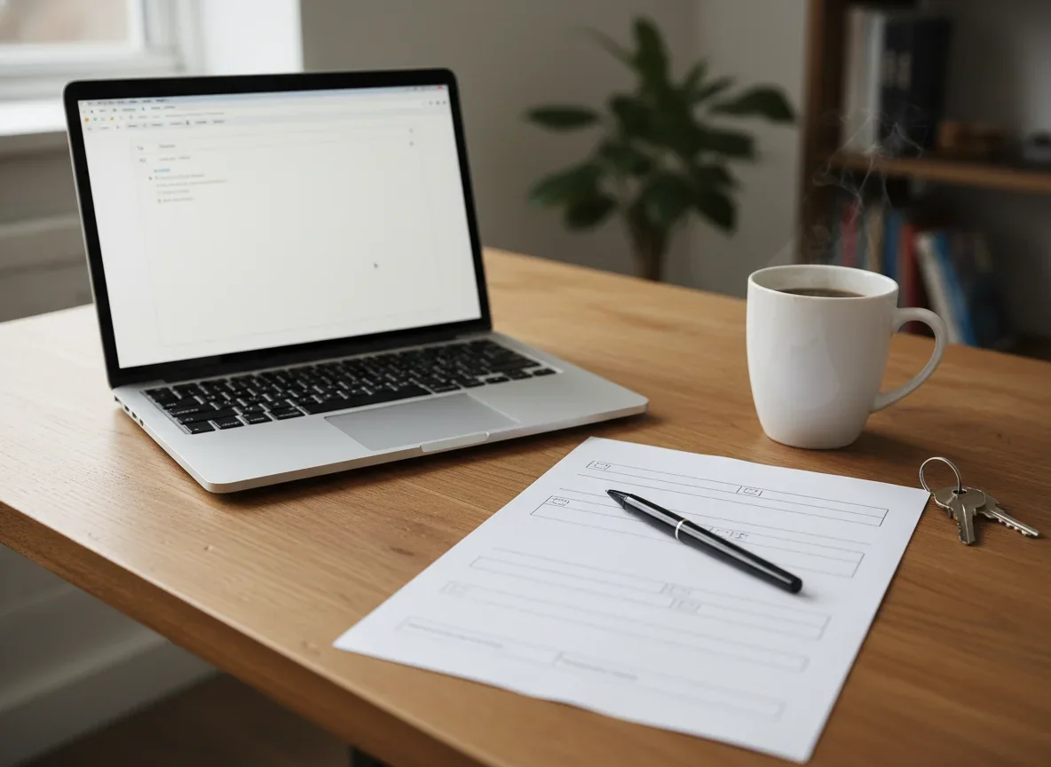 A home desk with a laptop, a printed estate agency contract with a pen on it, a mug and house keys - preparing to serve notice