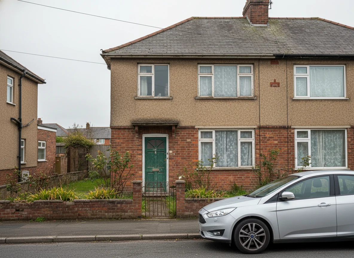 An ordinary, dated 1950s semi in need of modernisation, with old windows and weathered render, and a modern car parked outside