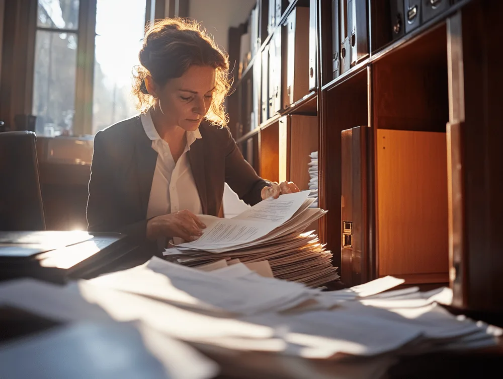A solicitor looking through a pile of lease documents