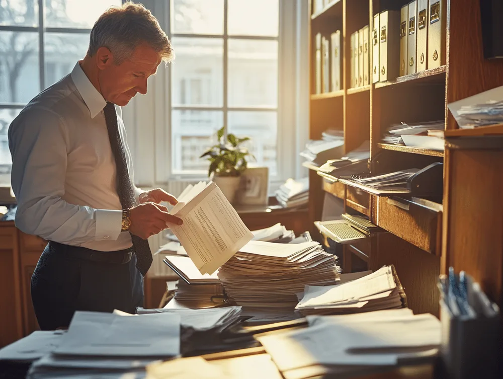 A solicitor looking through legal documents on a desk to help replace a missing lease