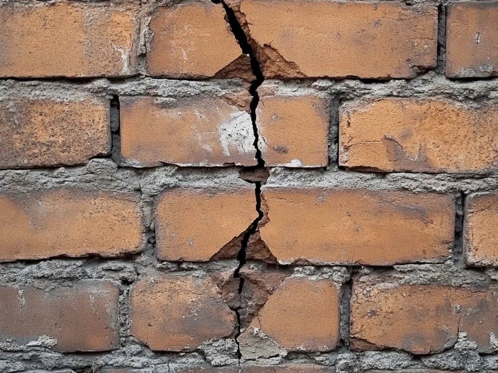 A close-up of a stepped crack running through the mortar joints of a brick wall