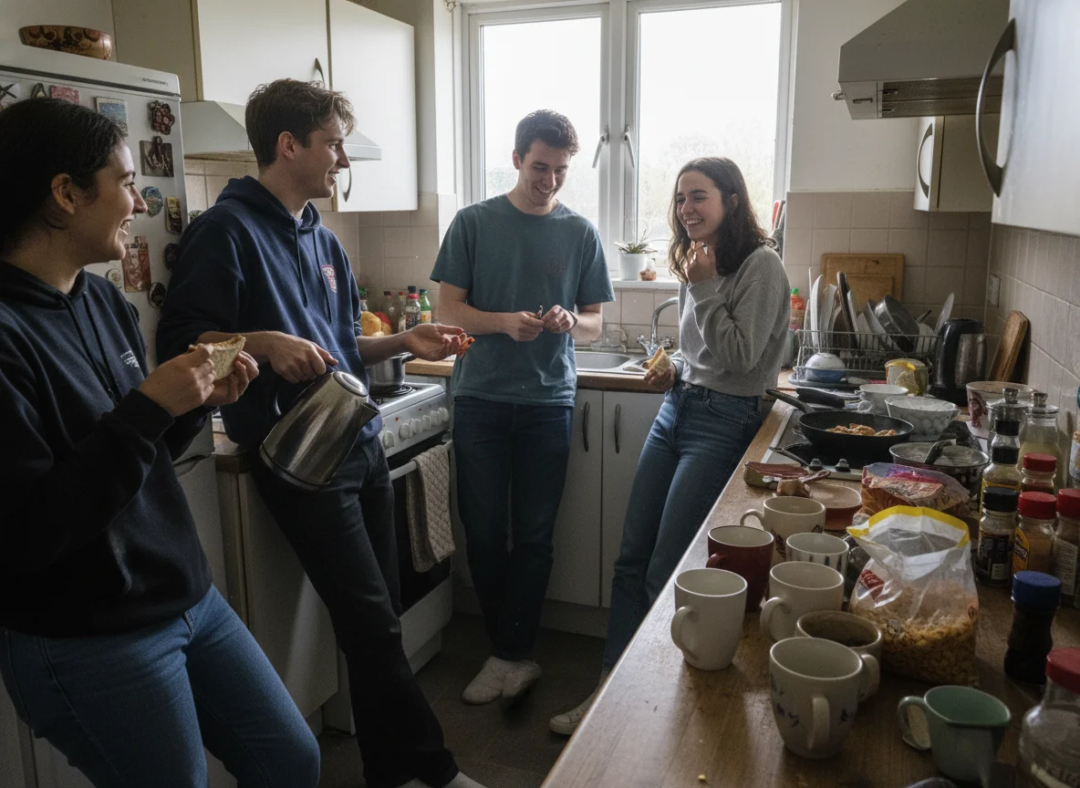 A group of young student housemates together in the kitchen of a shared rental house