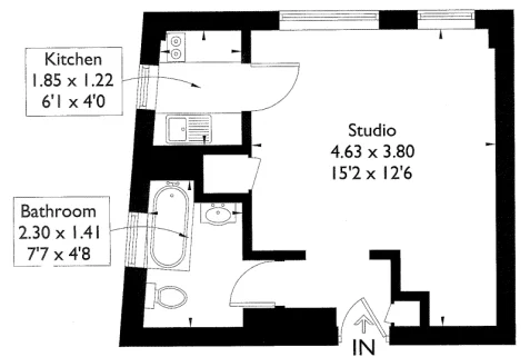 A floorplan of a compact studio flat showing the open-plan living, sleeping and kitchen space