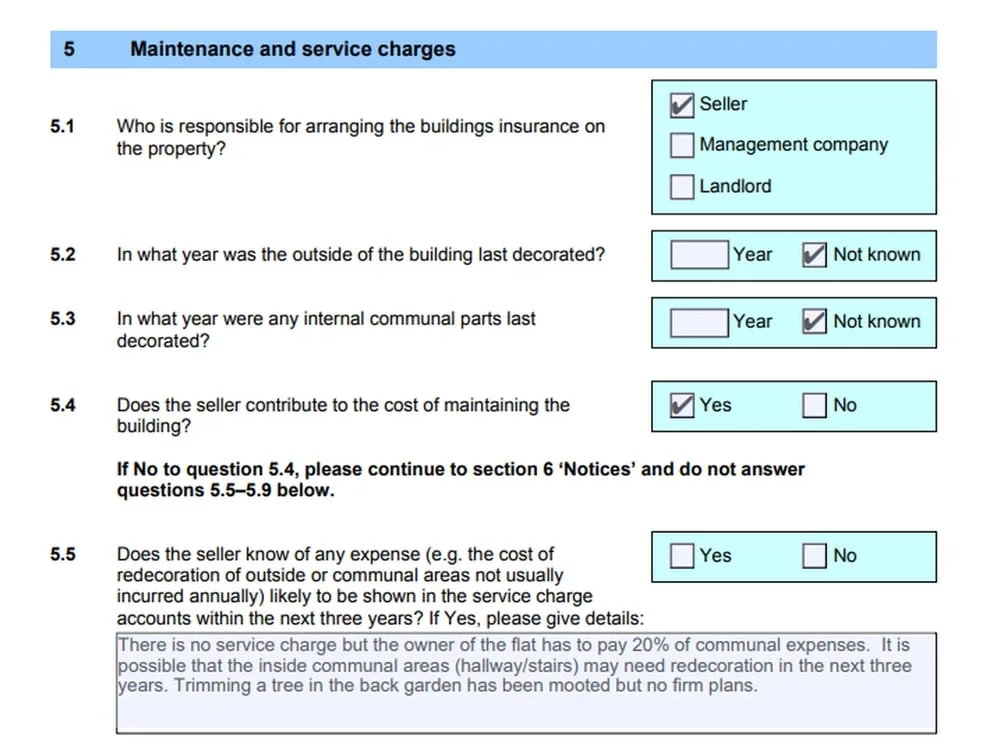 Example of questions asked on a TA7 leaseholder information form