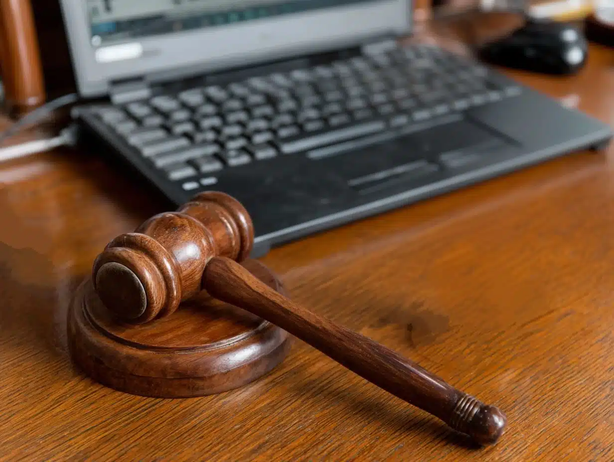 A wooden auction gavel beside a laptop, representing traditional and modern online property auctions