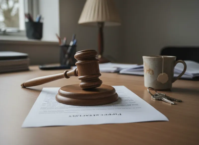 A wooden auctioneer gavel resting on a contract next to a set of house keys