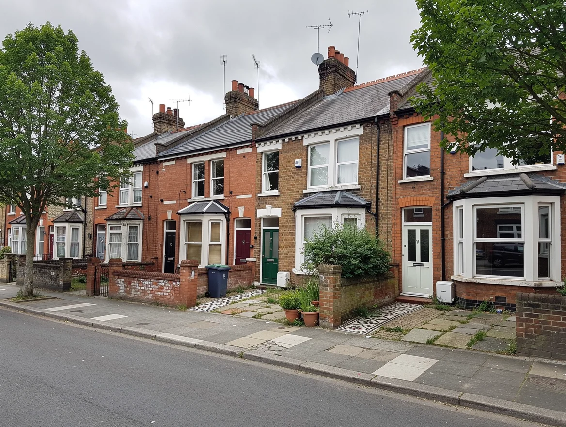 Leafy residential street of red-brick Edwardian terraced houses with bay windows in Walthamstow E17, typical of properties sold at auction in the area