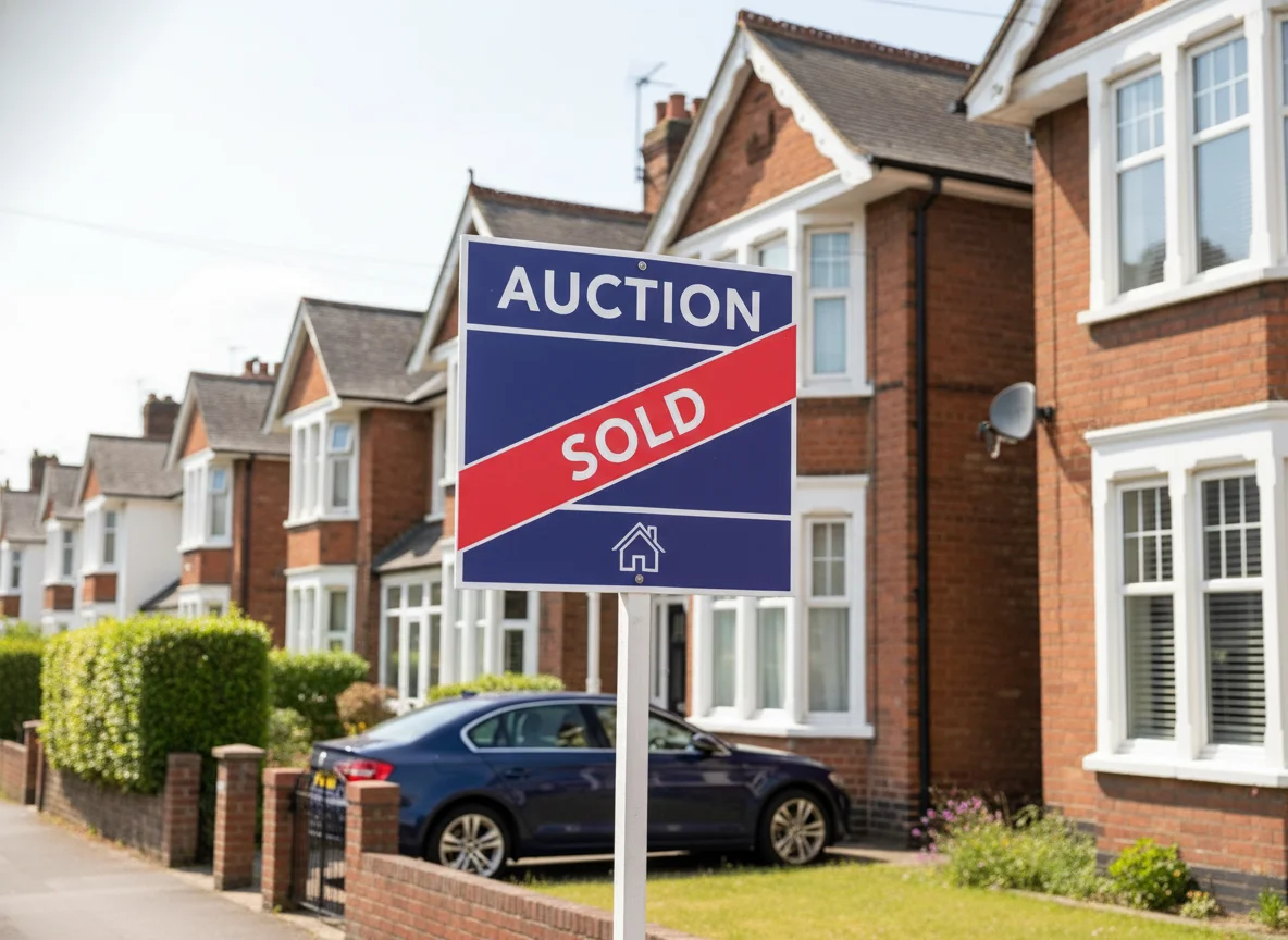 A property auctioneer at a wooden rostrum bringing down the gavel in front of a busy room of bidders