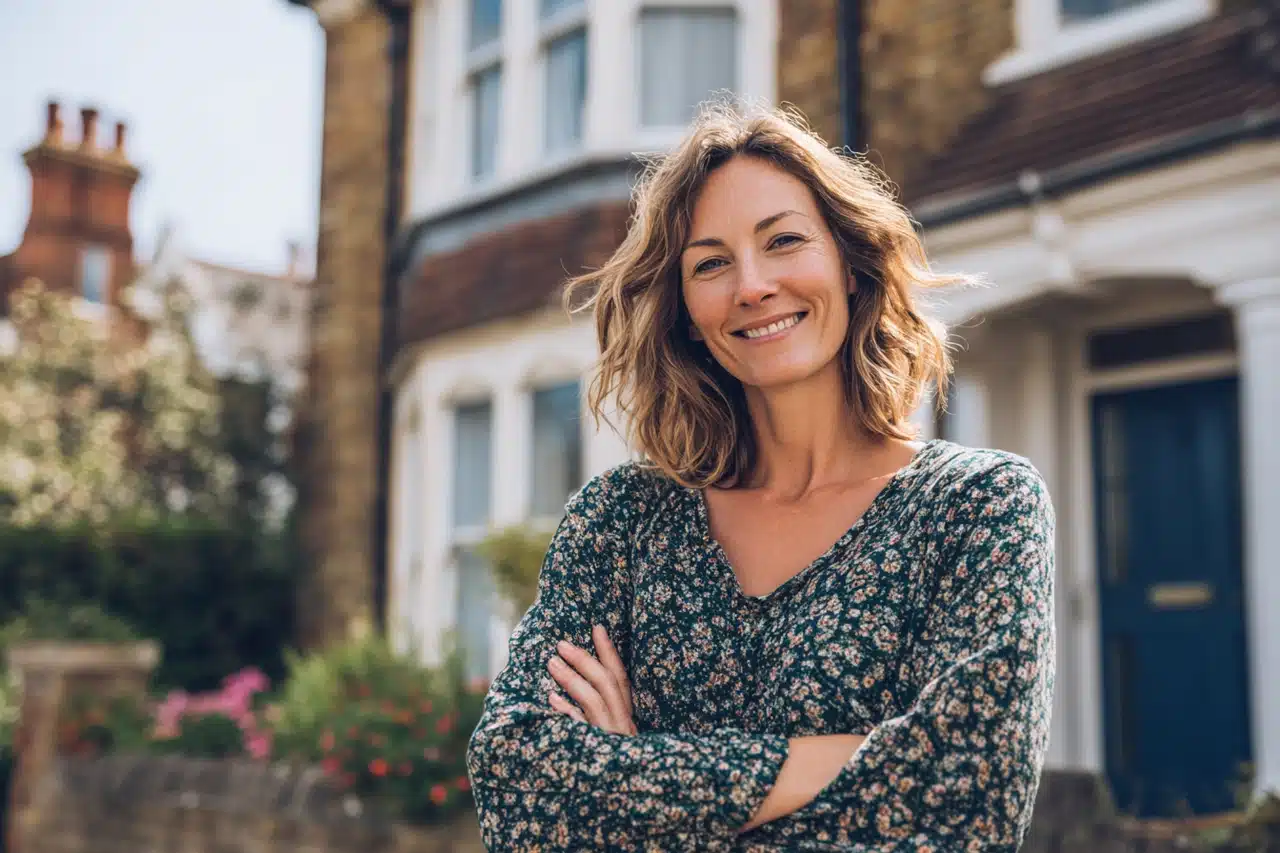 A woman standing outside an ordinary British house
