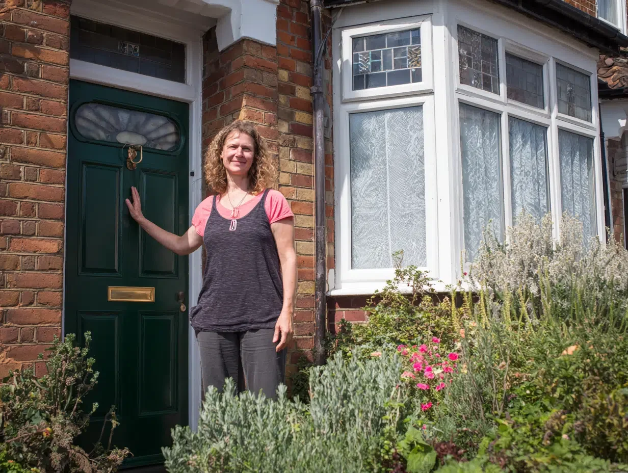 A woman smiling and gesturing towards the front door of a traditional British red-brick house