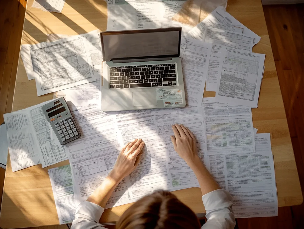 An overhead view of a desk covered in tax paperwork, with a laptop and a calculator