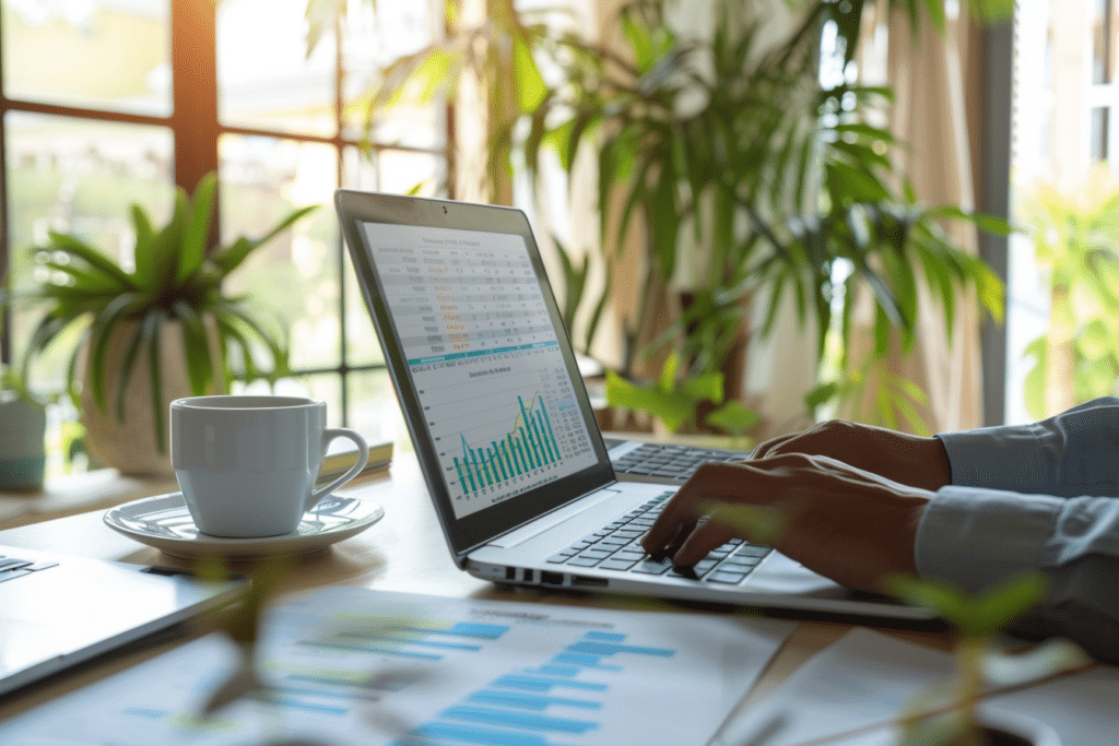 Auctioneer looking at property data on a computer