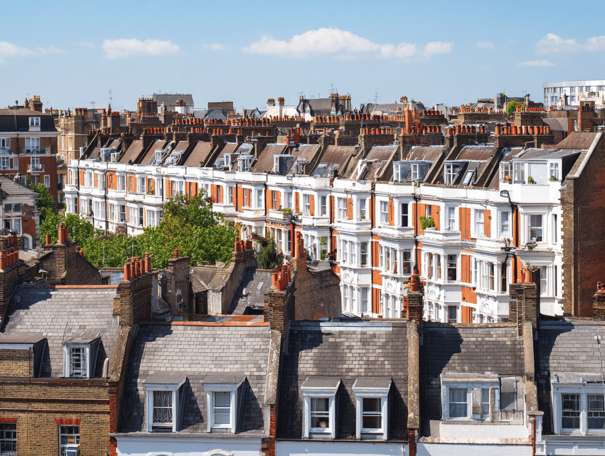 foreground rooftops background traditional housing