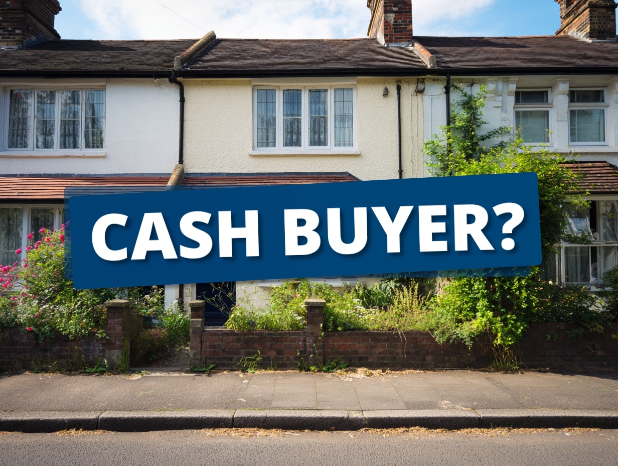 Traditional British terraced property with cash buyer overlay